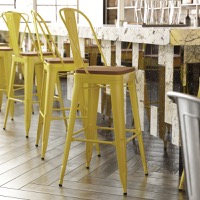 Kai - Modern Commercial Bar Stool & Poly Resin Seat - Teak Seat/Yellow Frame