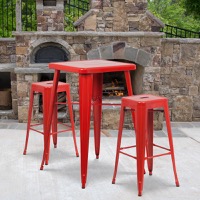 Stone - Contemporary Style Bar Table and Stack Stool Set - Red