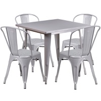 Foster - Contemporary Style Table and Stack Chair Set - Silver