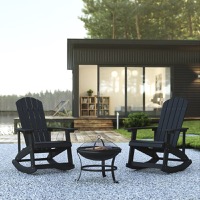 Savannah - Set of 2 Poly Resin Adirondack Rocking Chairs & 22" Wood Burning Fire Pit - Black