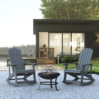 Savannah - Set of 2 Poly Resin Adirondack Rocking Chairs & 22" Wood Burning Fire Pit - Gray