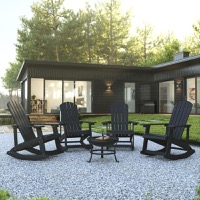 Savannah - Set of 4 Poly Resin Adirondack Rocking Chairs & 22" Wood Burning Fire Pit - Black