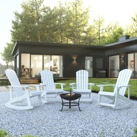 Savannah - Set of 4 Poly Resin Adirondack Rocking Chairs & 22" Wood Burning Fire Pit - White