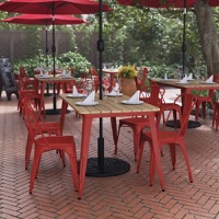 Declan - Contemporary 30" x 60" Commercial Dining Table for 6 & Umbrella Hole - Brown Top/Red Frame