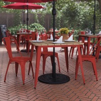 Declan - Contemporary 36" Square Commercial Dining Table for 4 & Umbrella Hole - Brown Top/Red Frame