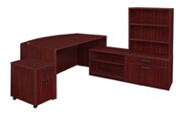 Legacy 71" Hi-Low Bow Front L-Desk with Open Hutch and Single Mobile Pedestal - Mahogany