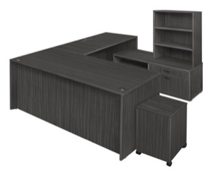 Legacy 71" Hi-Low U-Desk with Single Mobile Pedestal and Open Hutch - Ash Grey