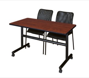 Kobe 48" Flip Top Mobile Training Table - Cherry & 2 Mario Stack Chairs - Black