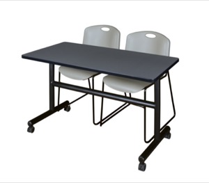 Kobe 48" Flip Top Mobile Training Table - Grey & 2 Zeng Stack Chairs - Grey