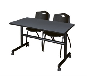 Kobe 48" Flip Top Mobile Training Table - Grey & 2 'M' Stack Chairs - Black