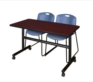 Kobe 48" Flip Top Mobile Training Table - Mahogany & 2 Zeng Stack Chairs - Blue