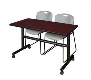 Kobe 48" Flip Top Mobile Training Table - Mahogany & 2 Zeng Stack Chairs - Grey