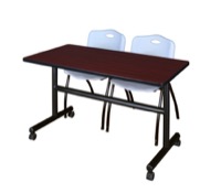 Regency Kobe 48 x 24 in. Flip-Top Training Nesting Table- Mahogany, 2 M Stack Chairs- Grey