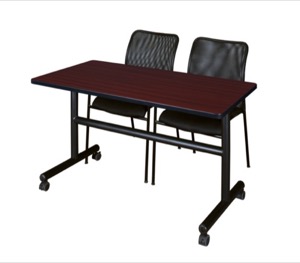 Kobe 48" Flip Top Mobile Training Table - Mahogany & 2 Mario Stack Chairs - Black