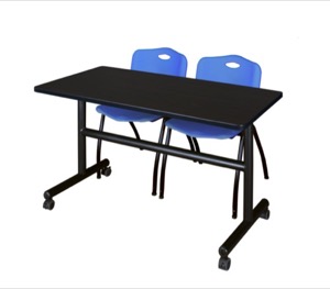 Kobe 48" Flip Top Mobile Training Table - Mocha Walnut & 2 'M' Stack Chairs - Blue