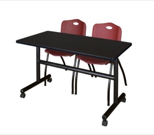 Kobe 48" Flip Top Mobile Training Table - Mocha Walnut & 2 'M' Stack Chairs - Burgundy