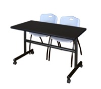 Kobe 48" Flip Top Mobile Training Table - Mocha Walnut & 2 'M' Stack Chairs - Grey