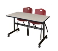 Regency Kobe 48 x 24 in. Flip-Top Training Nesting Table- Maple, 2 M Stack Chairs- Burgundy