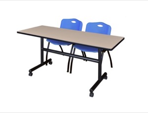 Kobe 60" Flip Top Mobile Training Table - Beige & 2 'M' Stack Chairs - Blue