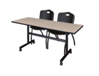Kobe 60" Flip Top Mobile Training Table - Beige & 2 'M' Stack Chairs - Black