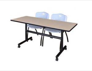 Kobe 60" Flip Top Mobile Training Table - Beige & 2 'M' Stack Chairs - Grey