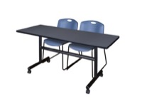 Regency Kobe 60 x 24 in. Flip-Top Training Nesting Table- Grey, 2 Zeng Stack Chairs- Blue