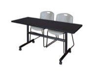 Kobe 60" Flip Top Mobile Training Table - Mocha Walnut & 2 Zeng Stack Chairs - Grey
