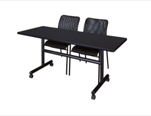 Kobe 60" Flip Top Mobile Training Table - Mocha Walnut & 2 Mario Stack Chairs - Black
