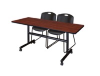 60" x 30" Flip Top Mobile Training Table - Cherry and 2 Zeng Stack Chairs - Black