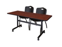 Regency Kobe 60 x 30 in. Flip-Top Training Nesting Table- Cherry, 2 M Stack Chairs- Black