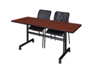60" x 30" Flip Top Mobile Training Table - Cherry and 2 Mario Stack Chairs - Black