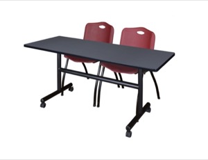 60" x 30" Flip Top Mobile Training Table - Grey and 2 "M" Stack Chairs - Burgundy