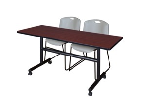 60" x 30" Flip Top Mobile Training Table - Mahogany and 2 Zeng Stack Chairs - Grey