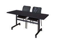 60" x 30" Flip Top Mobile Training Table - Mocha Walnut and 2 Mario Stack Chairs - Black