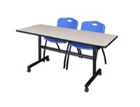 Regency Kobe 60 x 30 in. Flip-Top Training Nesting Table- Maple, 2 M Stack Chairs- Blue