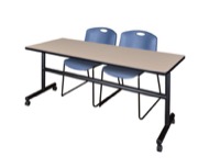 Kobe 72" Flip Top Mobile Training Table - Beige & 2 Zeng Stack Chairs - Blue