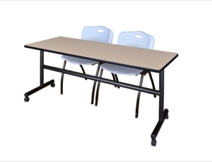 Kobe 72" Flip Top Mobile Training Table - Beige & 2 'M' Stack Chairs - Grey