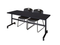 Kobe 72" Flip Top Mobile Training Table - Mocha Walnut & 2 Zeng Stack Chairs - Black