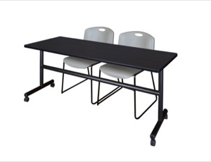 Kobe 72" Flip Top Mobile Training Table - Mocha Walnut & 2 Zeng Stack Chairs - Grey