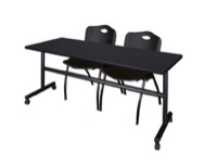 Kobe 72" Flip Top Mobile Training Table - Mocha Walnut & 2 'M' Stack Chairs - Black