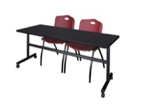 Kobe 72" Flip Top Mobile Training Table - Mocha Walnut & 2 'M' Stack Chairs - Burgundy