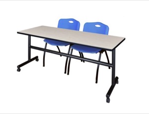 Kobe 72" Flip Top Mobile Training Table - Maple & 2 'M' Stack Chairs - Blue