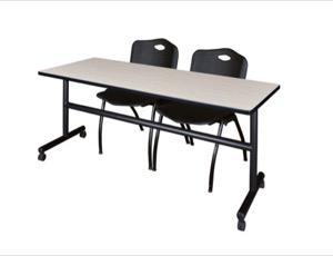 Kobe 72" Flip Top Mobile Training Table - Maple & 2 'M' Stack Chairs - Black