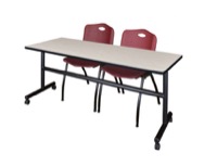 Regency Kobe 72 x 24 in. Flip-Top Training Nesting Table- Maple, 2 M Stack Chairs- Burgundy