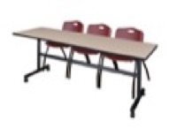 Kobe 84" Flip Top Mobile Training Table - Beige & 3 'M' Stack Chairs - Burgundy