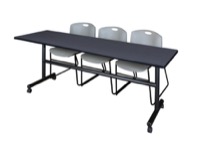 Regency Kobe 84 x 24 in. Flip-Top Training Nesting Table- Grey, 2 Zeng Stack Chairs- Grey