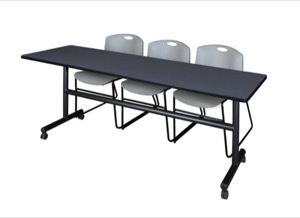 Kobe 84" Flip Top Mobile Training Table - Grey & 3 Zeng Stack Chairs - Grey