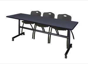Kobe 84" Flip Top Mobile Training Table - Grey & 3 'M' Stack Chairs - Black