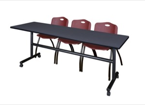 Kobe 84" Flip Top Mobile Training Table - Grey & 3 'M' Stack Chairs - Burgundy