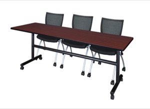 Kobe 84" Flip Top Mobile Training Table - Mahogany & 3 Apprentice Chairs - Black